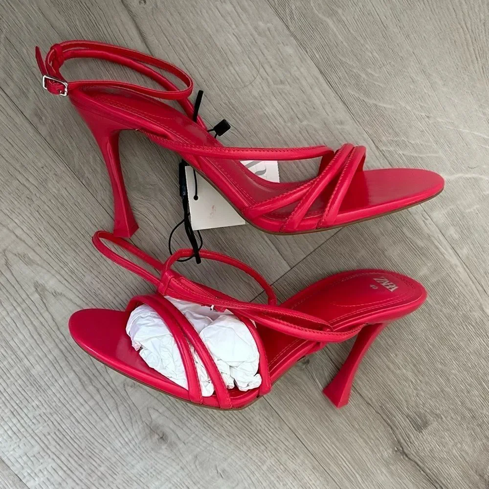 Zara Coral Red High Heeled Strap Sandals - Picture 13 of 15